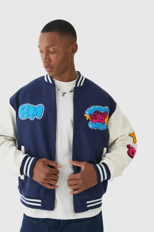 Homme Badge Varsity Jacket In Navy