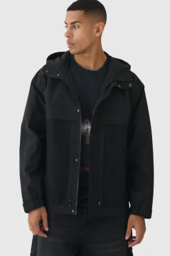 Hooded Mesh Panel Tech Parka In Black