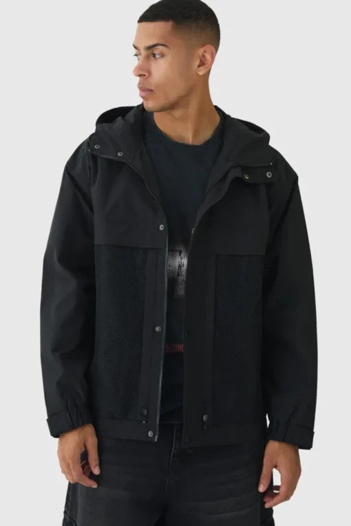 Hooded Mesh Panel Tech Parka In Black