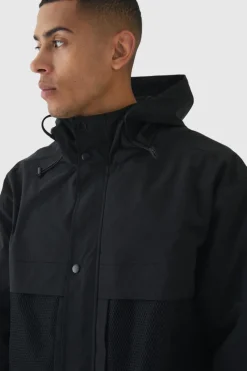 Hooded Mesh Panel Tech Parka In Black