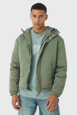 Hooded Padded Mid Length Parka In Khaki