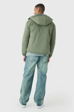 Hooded Padded Mid Length Parka In Khaki