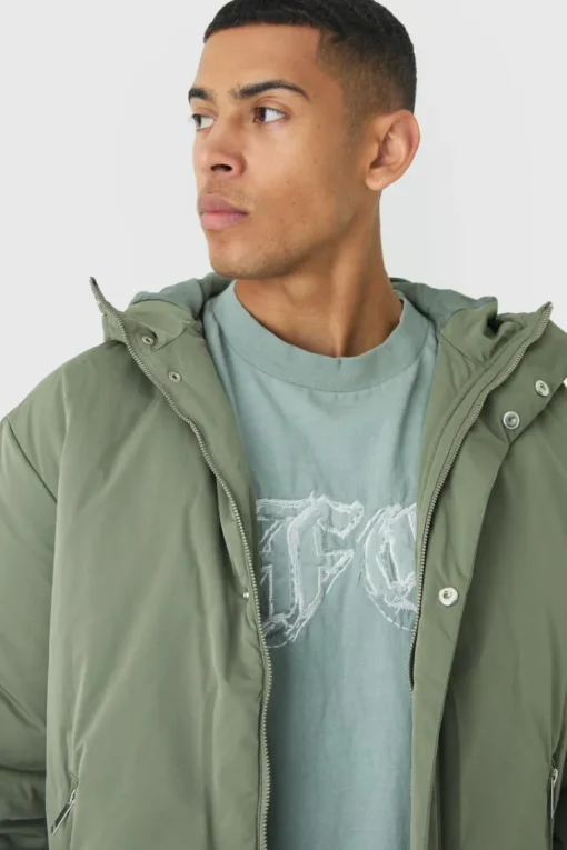 Hooded Padded Mid Length Parka In Khaki