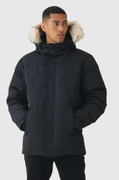 Hooded Puffer With Removeable Faux Fur Trim In Black