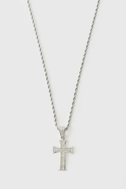 Iced Out Cross Silver Rope Chain Necklace