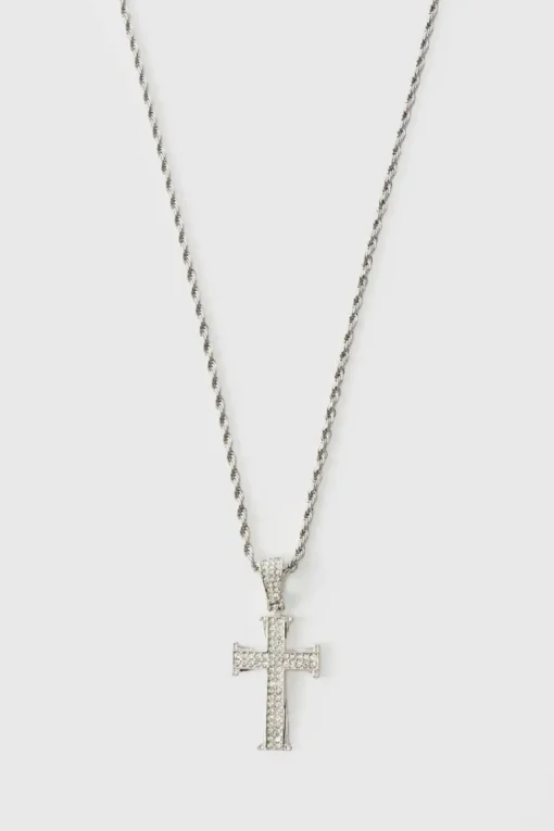 Iced Out Cross Silver Rope Chain Necklace