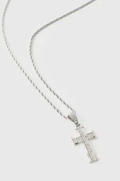 Iced Out Cross Silver Rope Chain Necklace