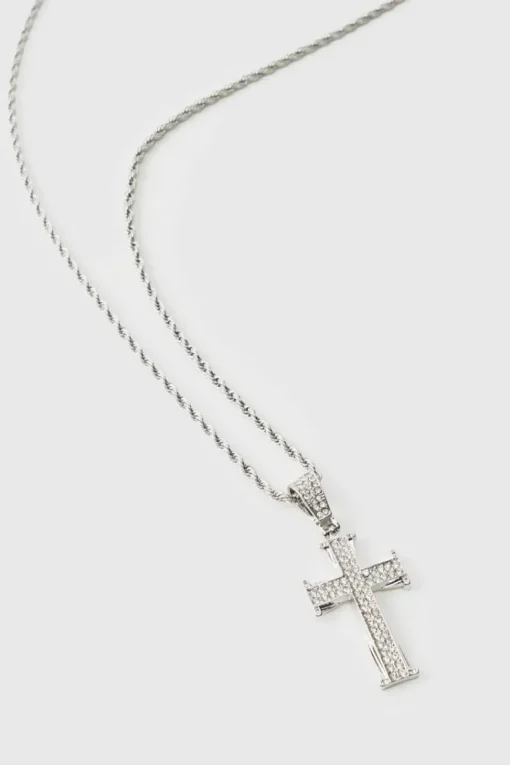 Iced Out Cross Silver Rope Chain Necklace