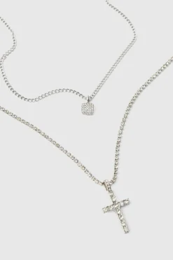 Layered Cross Iced Necklace