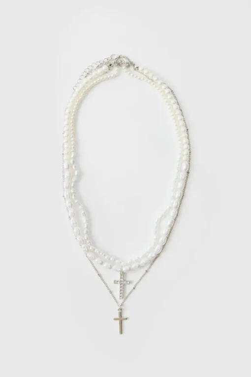 Layered Cross Necklace With Pearls