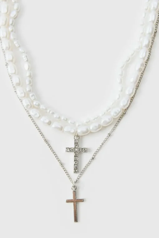 Layered Cross Necklace With Pearls