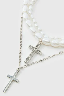 Layered Cross Necklace With Pearls