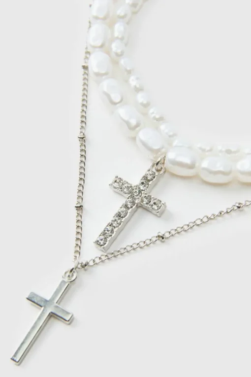Layered Cross Necklace With Pearls