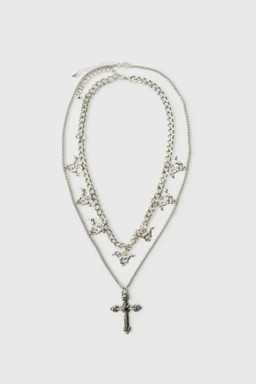 Layered Cross Necklace With Charms