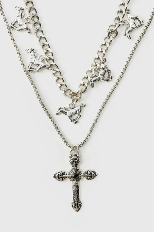 Layered Cross Necklace With Charms