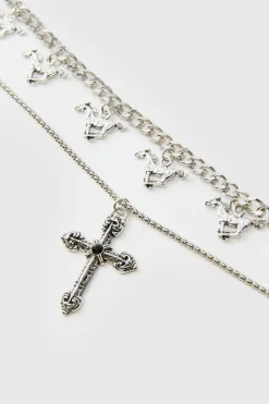 Layered Cross Necklace With Charms