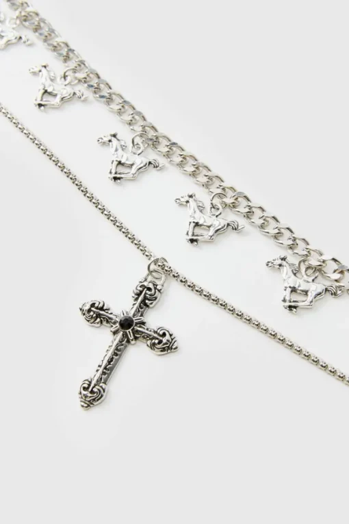 Layered Cross Necklace With Charms