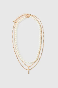 Layered Pearl Necklace With Cross Pendant in Gold