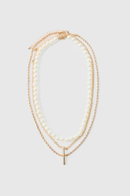 Layered Pearl Necklace With Cross Pendant in Gold