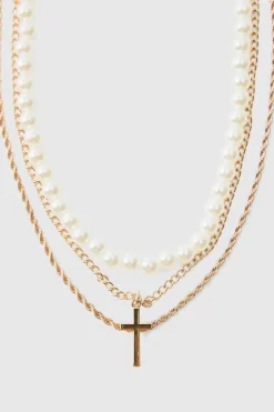 Layered Pearl Necklace With Cross Pendant in Gold