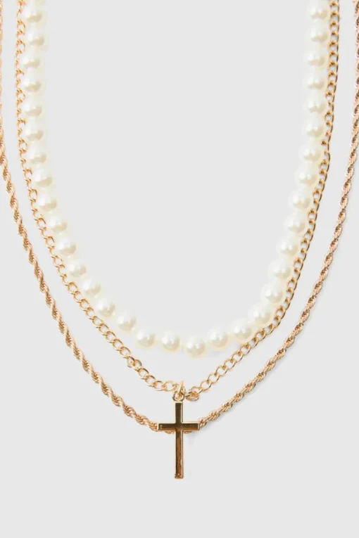 Layered Pearl Necklace With Cross Pendant in Gold