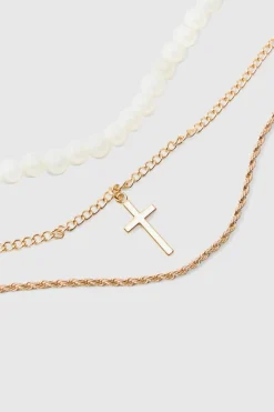 Layered Pearl Necklace With Cross Pendant in Gold