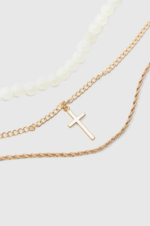 Layered Pearl Necklace With Cross Pendant in Gold