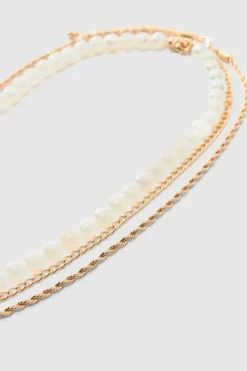 Layered Pearl Necklace With Cross Pendant in Gold