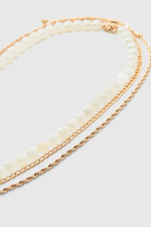 Layered Pearl Necklace With Cross Pendant in Gold