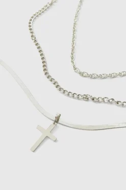 Layered Silver Cross Necklace