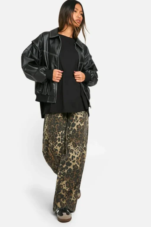 Leopard Print Denim Wide Leg Jean