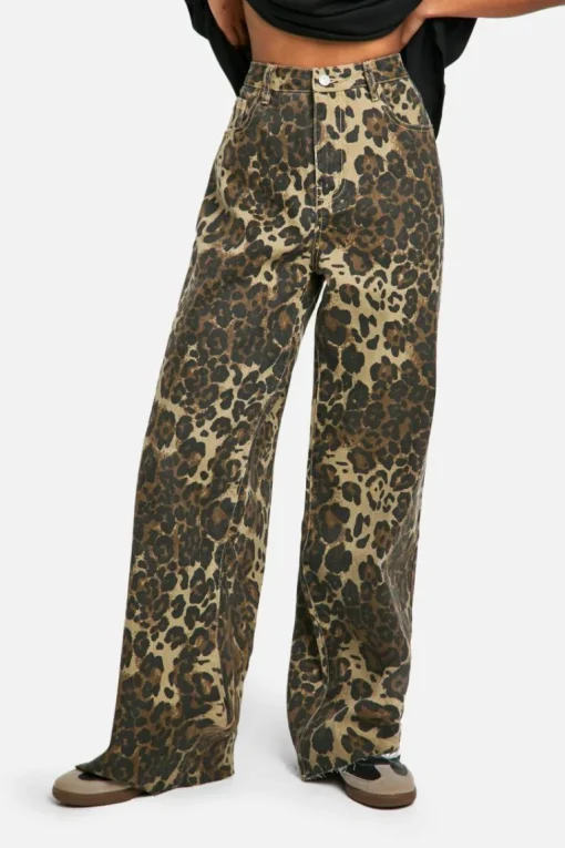 Leopard Print Denim Wide Leg Jean