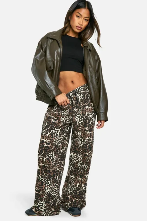 Leopard Print Elasticated Waist Wide Leg Jeans