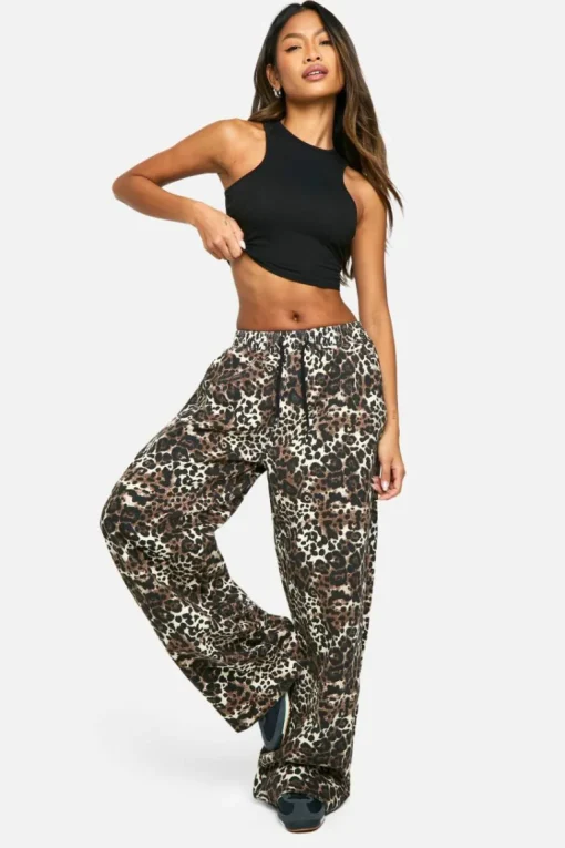 Leopard Print Elasticated Waist Wide Leg Jeans