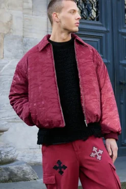 Liquid Satin Pu Padded Collared Bomber Jacket In Red