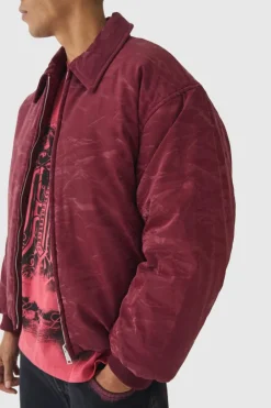 Liquid Satin Pu Padded Collared Bomber Jacket In Red