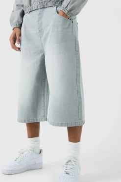 Long Line Denim Jorts In Grey Wash