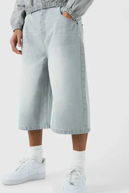 Long Line Denim Jorts In Grey Wash