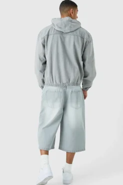 Long Line Denim Jorts In Grey Wash