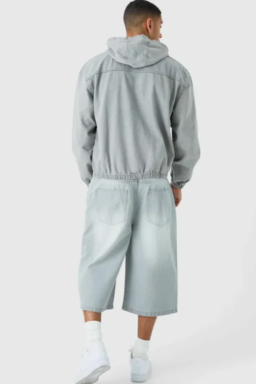 Long Line Denim Jorts In Grey Wash