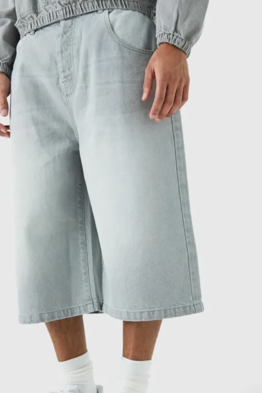 Long Line Denim Jorts In Grey Wash