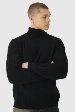 Long Sleeve Cable Knit Roll Neck Jumper In Black