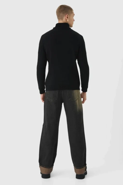 Long Sleeve Cable Knit Roll Neck Jumper In Black