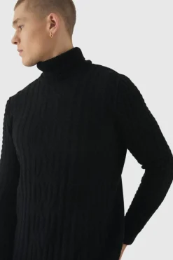 Long Sleeve Cable Knit Roll Neck Jumper In Black