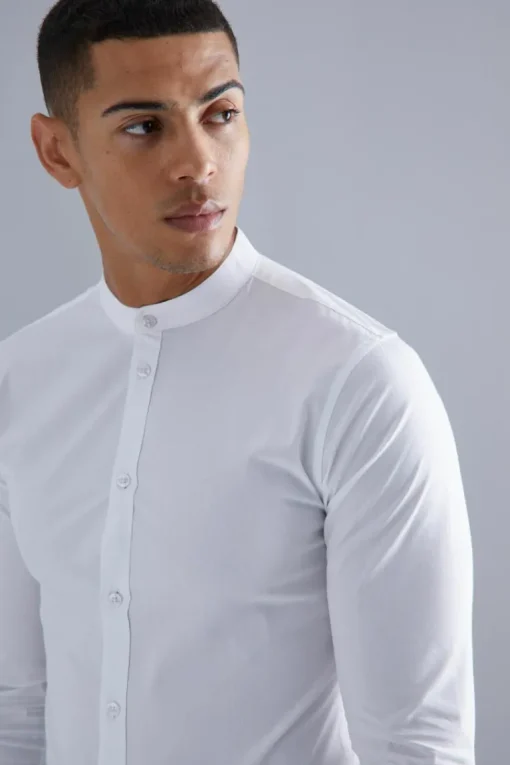 Long Sleeve Grandad Collar Stretch Fit Shirt