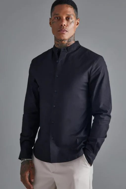 Long Sleeve Grandad Collar Slim Shirt
