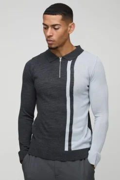 Long Sleeve Muscle Fit Colour Block Knit Polo