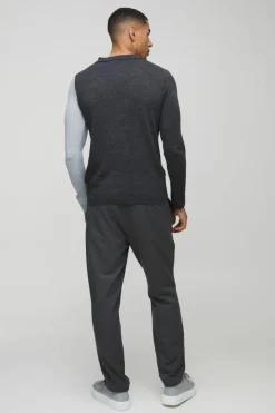 Long Sleeve Muscle Fit Colour Block Knit Polo