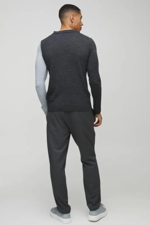 Long Sleeve Muscle Fit Colour Block Knit Polo