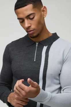 Long Sleeve Muscle Fit Colour Block Knit Polo